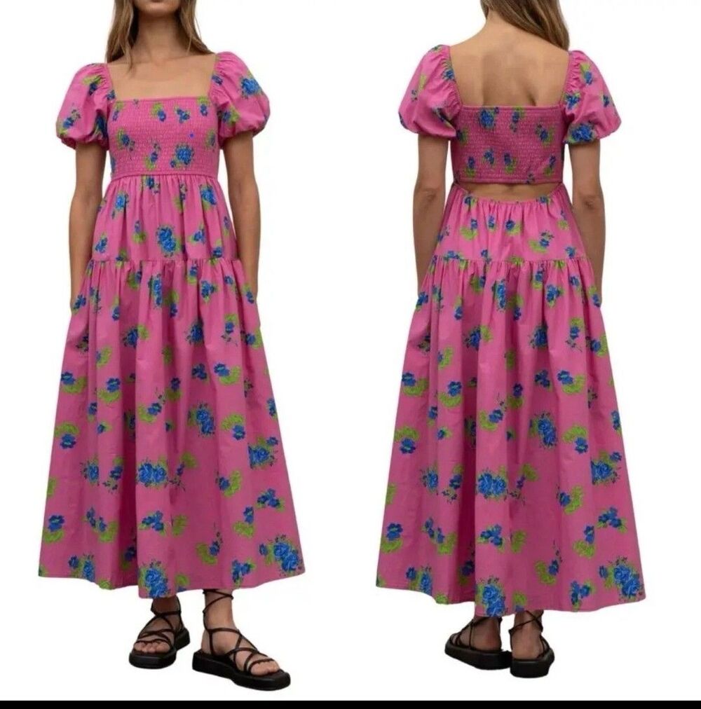 Floral Milkmaid  Smocked  Dress Size M Puff Sleeve Cottagecore Anthropology Boho